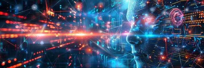 Fusion of Mind and Machine: A Digital Human Face Merged with Data and Neural Networks.