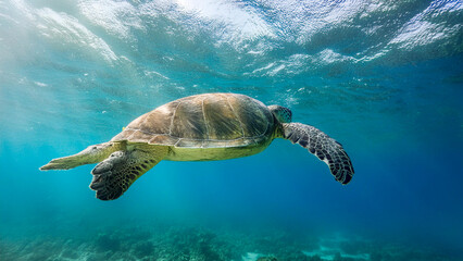 Underwater view of a sea turtle swimming in clear blue water. Sunlight filters through the waters and illuminating her yellow head