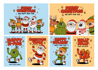 Fototapeta premium Groovy Christmas posters. Comic 70s holiday cards. Cartoon funny characters and elements. Retro Santa Claus, snowman, gift, Christmas ball funky mascots New Year toy for prints. Vector illustration