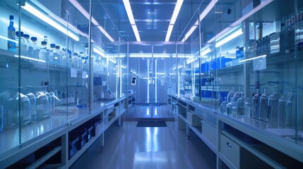 A brightly lit laboratory features sterile, organized workspaces, lined with glass containers and scientific equipment, creating a serene atmosphere.