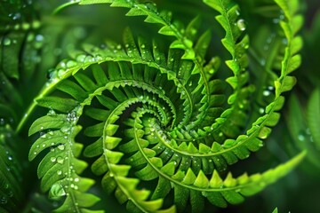 Vibrant green fern spirals with dew drops