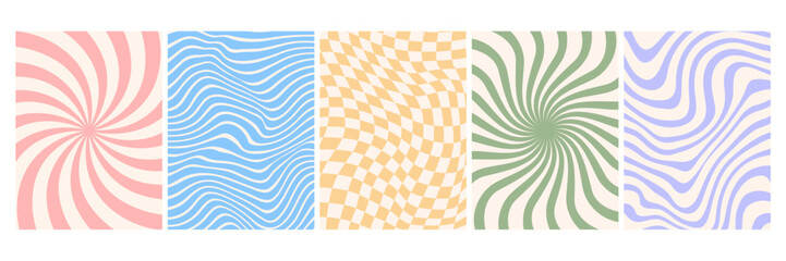 Groovy backgrounds. Comic 70s psychedelic texture. Retro funky pattern with hippie vibes with wavy, twisty swirl print. Vintage 60s texture prints graphic design template. Abstract vector backdrops.