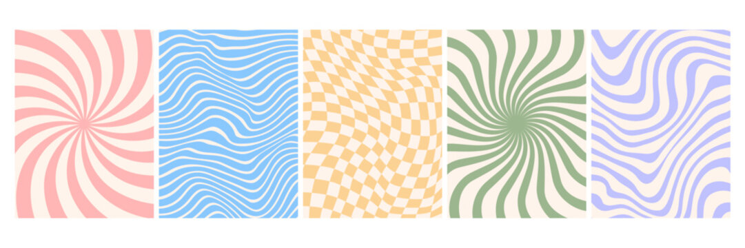 Groovy backgrounds. Comic 70s psychedelic texture. Retro funky pattern with hippie vibes with wavy, twisty swirl print. Vintage 60s texture prints graphic design template. Abstract vector backdrops.