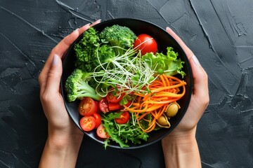 Woman holding Buddha bowl with salad, broccoli, greens, carrots, tomatoes, peppers, sprouts in hands