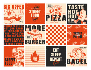 Cartoon fast food poster. Groovy 70s food characters. Retro stickers and cards with funky burger, hot dog, pizza for cafe menu and restaurant. Vector slogan, quote set. Street food delivery posters.