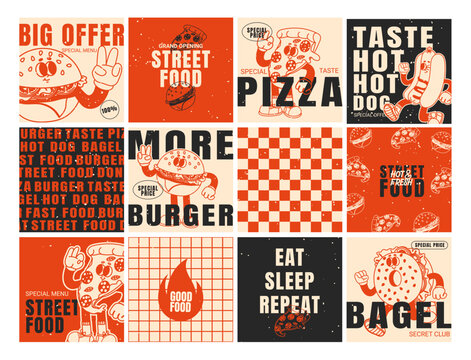 Cartoon fast food poster. Groovy 70s food characters. Retro stickers and cards with funky burger, hot dog, pizza for cafe menu and restaurant. Vector slogan, quote set. Street food delivery posters.
