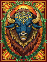 Ornate Illustration of a Bison Head with Floral Accents