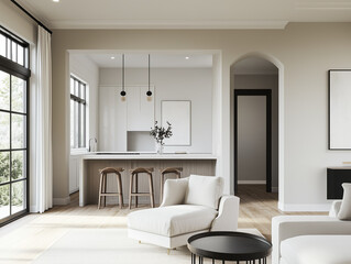 Modern kitchen interior with furniture. A minimalist illustration using Light Grey, Soft White, Charcoal Black, and Pale Beige. Highlights understated elegance and refined aesthetics.