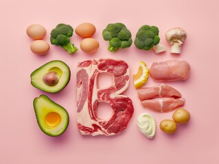 Naklejka premium Medium shot of products 'citrus fruits (oranges, lemons), strawberries, kiwi, broccoli, peppers, cabbage' form a letter 'C', themed background,