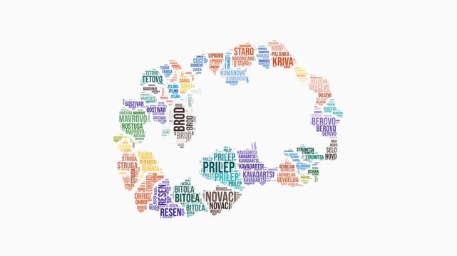North Macedonia regions word cloud animation. Country logo animated video. North Macedonia colored text cloud. Regions typography style motion graphics. Vibrant video.
