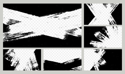 Grunge brush banners. Video channel banner with overlay textured border. Cover design template with hole for video multimedia player. Abstract mess poster for social media. Vector concept. © Foxy Fox