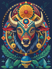 Ornate Bull Head with Floral and Geometric Pattern