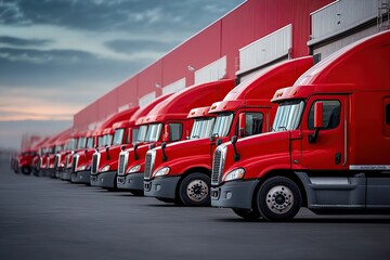 Row of red semi trucks parked in front of a warehouse