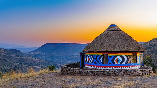 Traditional Ndebele hut with colorful patterns at sunrise in the mountains