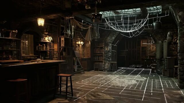 A dimly lit basement workshop contains various tools hanging on brick walls, a large spider web, and scattered workbenches. The mood is eerie, fitting for an older building at night.