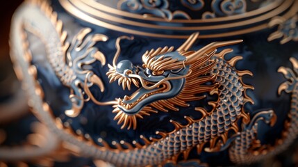 Fototapeta premium traditional Chinese dragon pattern in blue and gold on a decorative ceramic plate, highlighting the elegant curves and intricate detailing