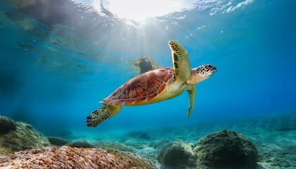 Obraz premium Underwater view of a sea turtle swimming in clear blue water. Sunlight filters through the water, with sun glowing above it