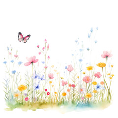 A vibrant watercolor meadow with wildflowers and a butterfly, capturing the essence of springtime beauty and nature's tranquility.