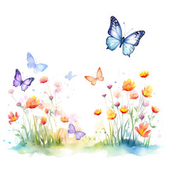 Colorful butterflies fluttering over a vibrant meadow of blooming flowers, capturing the beauty of nature in a lively watercolor illustration.