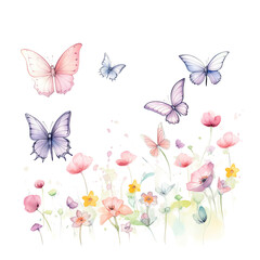 Beautiful watercolor illustration of butterflies and flowers in pastel colors, perfect for spring and summer designs.