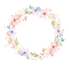 Beautiful watercolor floral wreath with pastel colors, featuring delicate pink, blue, and purple flowers, ideal for invitations and decor.