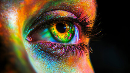 Cosmic Eye: A mesmerizing close-up of a human eye, bathed in vibrant, iridescent colors that evoke a sense of cosmic wonder. The intricate details of the iris, pupil, and eyelashes are highlighted.