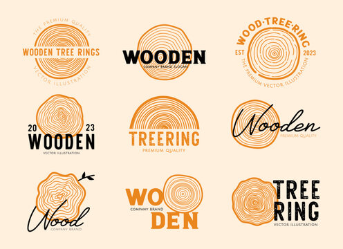 Wooden label. Tree ring texture for graphic design concepts. Combine elements with lettering. Hand drawn wood round slice, fractal stump. Vintage aesthetic line vector stickers.