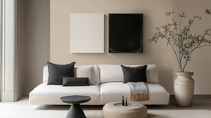 Modern living room interior. A minimalist background featuring Light Grey, Soft White, Charcoal Black, and Pale Beige. Perfect for elegant and subtle visuals.