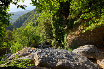 Fototapeta premium Bucatoggio canyon in Corsica montain. San Nicolao village