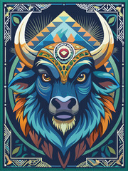 Obraz premium Ornate Bull Head with Geometric Background and Feathers