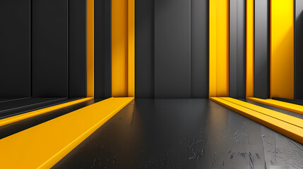 A modern, minimalist design with black and yellow stripes. The yellow stripes are a strong contrast to the black, creating a striking visual effect. The dark background adds to the sense of depth and 