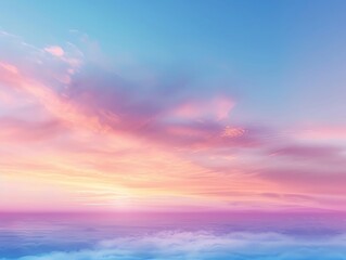 Fototapeta premium A serene sunset over calm waters, featuring soft pastel hues blending seamlessly into the sky and reflecting on the surface.