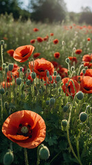 Obraz premium field of poppies in full bloom, their bright red petals contrasting beautifully with the green foliage and clear summer sky