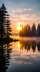 Fototapeta premium Misty Dawn: Serenity And Tranquility Reflected In The Mirroring Lake