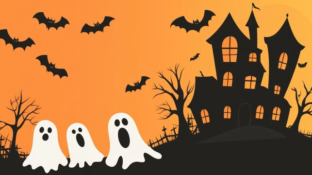 Adorable cartoon Halloween background featuring a haunted house, friendly ghosts, and bats, with ample space for text.