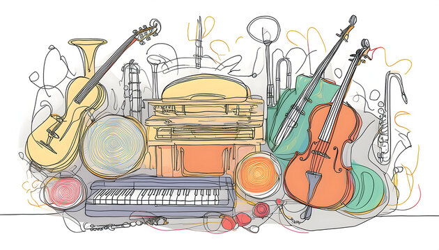 musical instruments colorful line art composition clip art preview