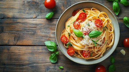 Rustic Italian Pasta Dish with Fresh Basil, Tomatoes, and Parmesan Cheese on Wooden Table