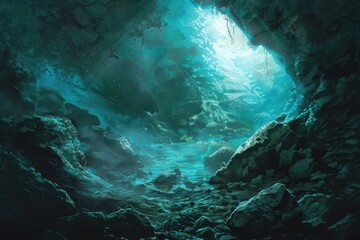 Obraz premium A Mystical Cave Entrance with a Glowing Blue River