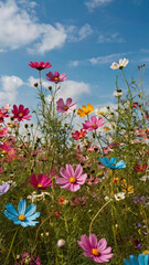meadow of colorful cosmos flowers swaying in the gentle summer breeze, set against a bright blue sky