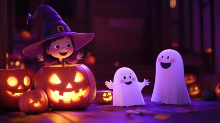 Adorable cartoon witches and friendly ghosts in a Halloween scene, with room for your text.