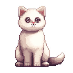 Cat pixel art. Kitten cute white kitty pet, 8 bit pixel style. Video game retro pixelated happy cat funny cartoon mascot avatar. Playful meme character. Isolated vector illustration.