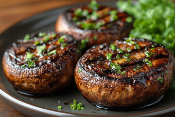 Clean and simple depiction of grilled portobello mushrooms, served with a drizzle of balsamic glaze and fresh greens,