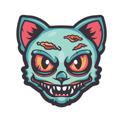 Zombie cat head green color, sharp teeth, angry expression. Halloween cartoon character feline, horror monstrous pet. Creepy undead animal illustration, big red eyes, eerie look