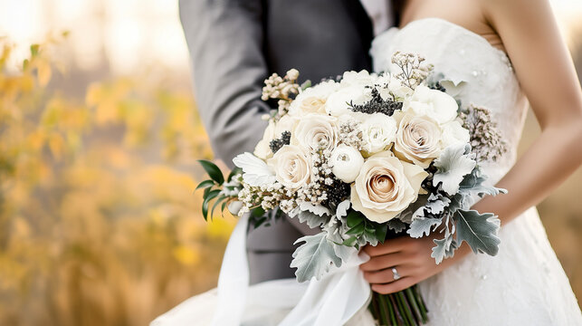 Bride and groom with bouquet. A minimalist artwork using Light Grey, Soft White, Charcoal Black, and Pale Beige. Highlights understated elegance and refined aesthetics, ideal for sophisticated visuals