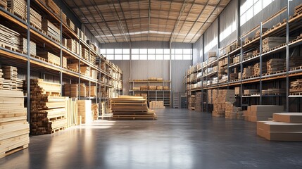 Obraz premium Warehouse with variety of timber for construction and repair. Delivery concept.