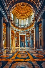 Obraz premium Majestic interior of a grand building with intricate architectural design. This image focuses on the beautiful dome and columns. Ideal for historical and tourism purposes. AI
