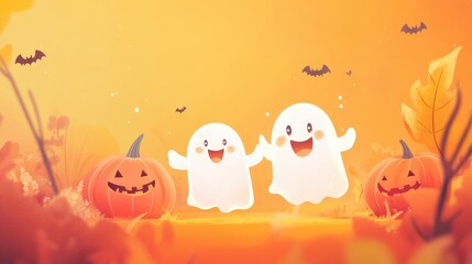 Naklejka premium Cheerful ghosts and pumpkins in a cartoon Halloween background, with plenty of space to add your Halloween greetings