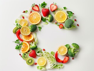 Medium shot of products 'citrus fruits (oranges, lemons), strawberries, kiwi, broccoli, peppers, cabbage' form a letter 'C', themed background,