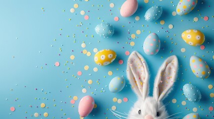 a white bunny surrounded by eggs and confetti