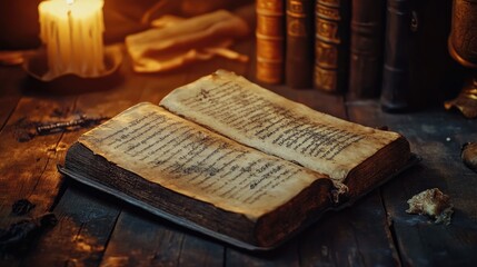 Creepy old book with spells and potions, candlelit room, copy space